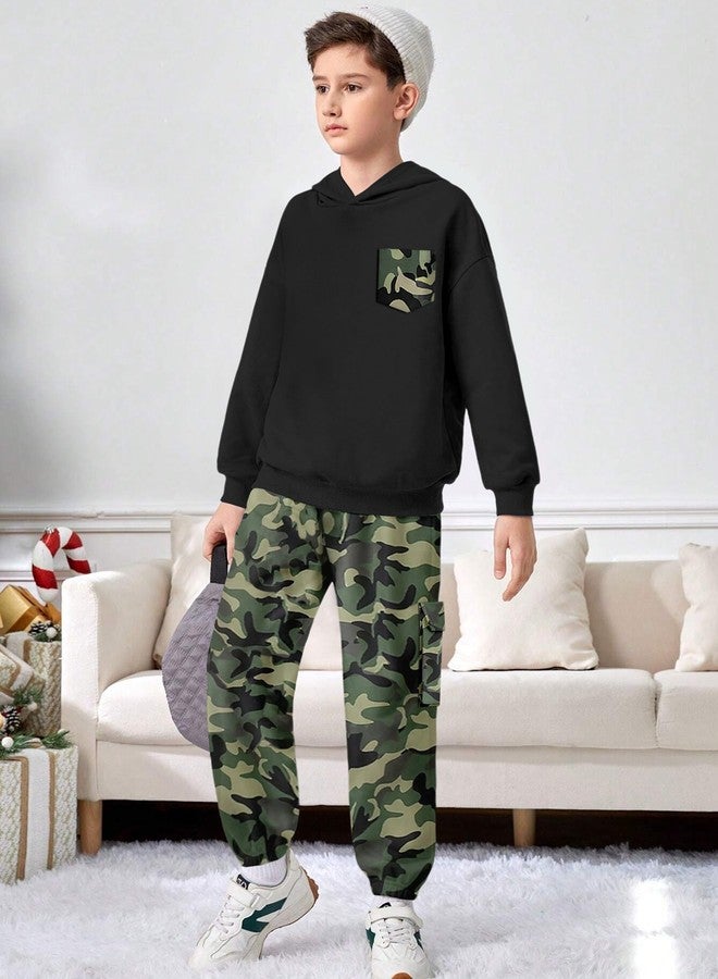 KANGKANG Boys Clothes Size 8 Size 7, Kids Clothing Two Piece Hooded Sweatshirt Top and Camouflage Sweatpants with Side Big Cargo Pocket Kids Fall Outfits Winter Outfits Set - Image 3